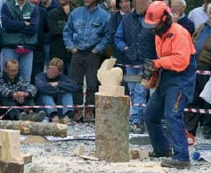 Dimostrazione lavorazione legname in campo, scultura del legno con la sega